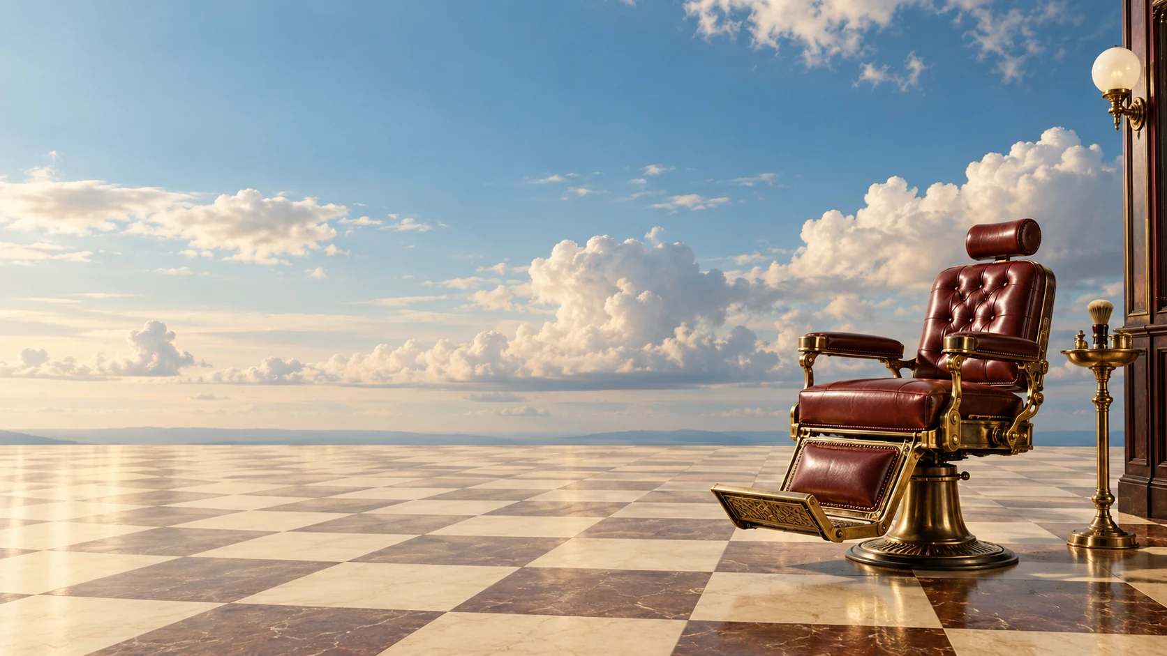 A surreal burgundy barber chair in a salon open to the blue sky